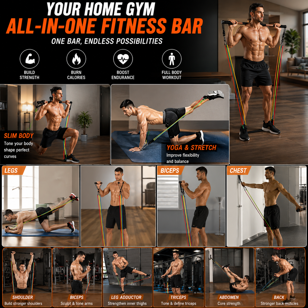 Workout Bar Resistance Bands Set – Portable Home Gym Fitness Equipment